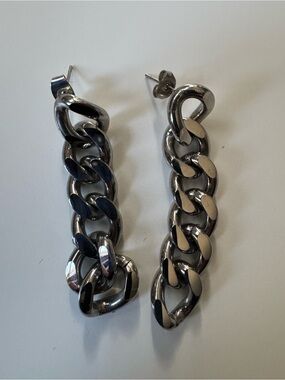 Punky Chunky Chain Drop Earrings - Polished Silver Tone